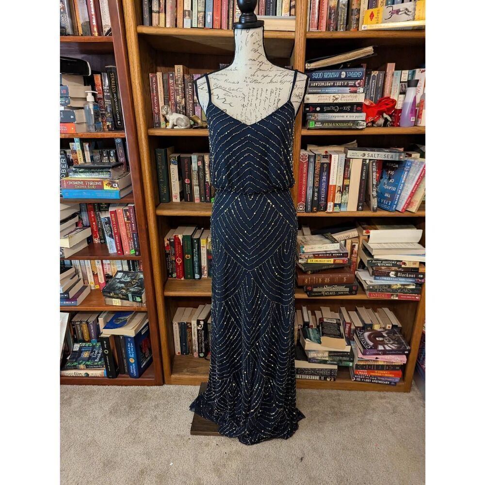 Adrianna Papell Silver Navy Beaded Chiffon Blouson Maxi Dress Gown size 4